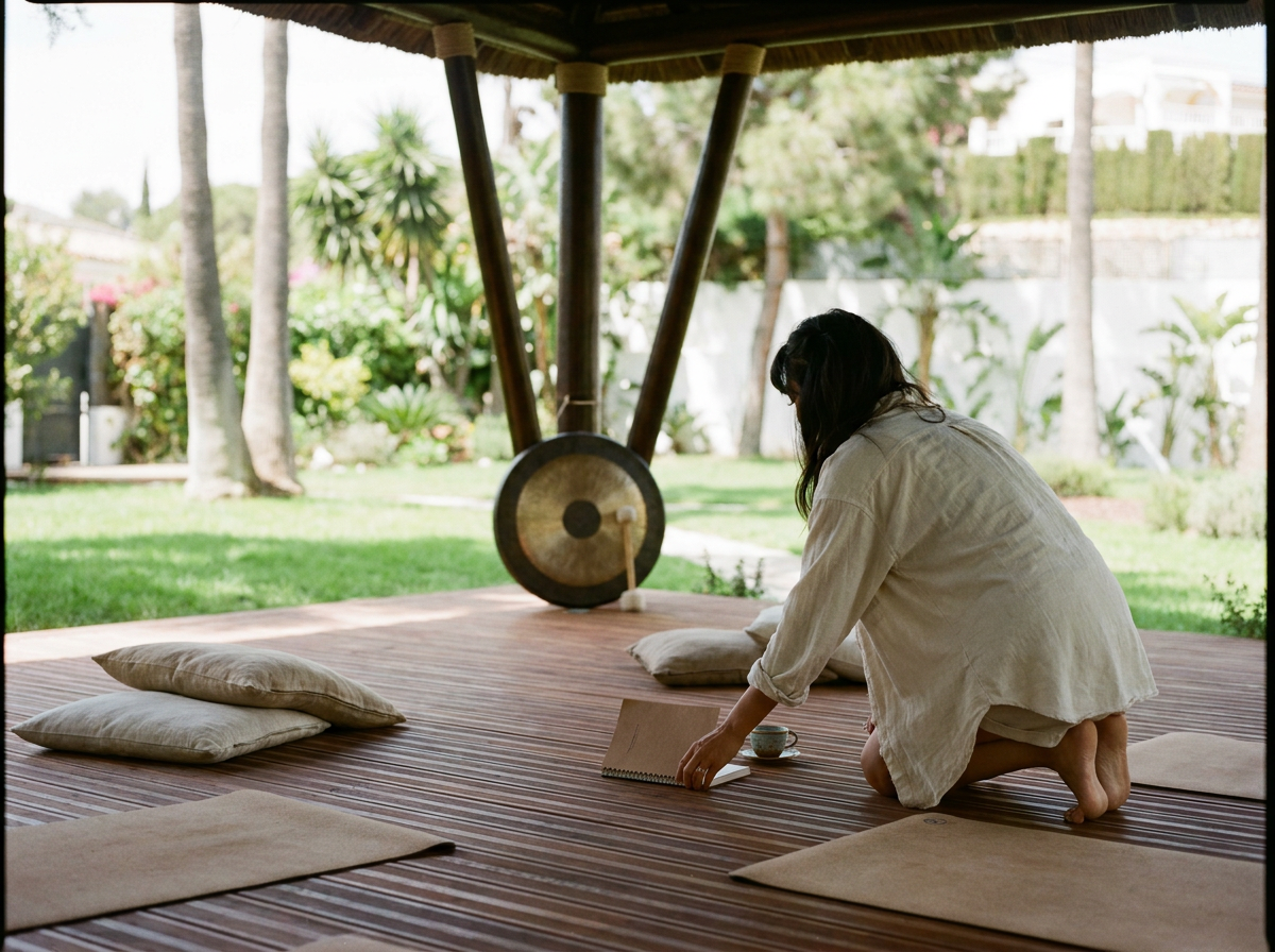 AI - Under the shade of a thatched-roof garden pavilion, a large 
